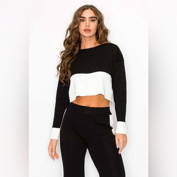 934. COLOR BLOCK KNIT TOP AND PANTS SET - Picture 1 of 2